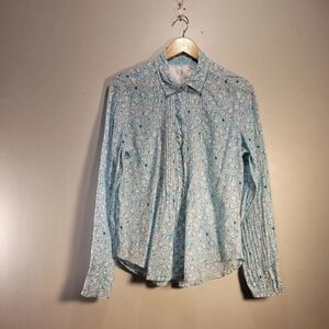 Cinco Madrid Coastal Blue Flower Eyelet Blouse M - Turq MOP Buttons Boho